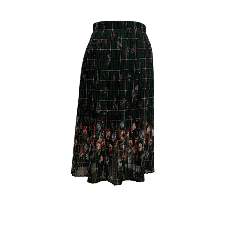 Zara Green Plaid with Red and Blue Flowers Elastic Waist Pleated Midi Skirt